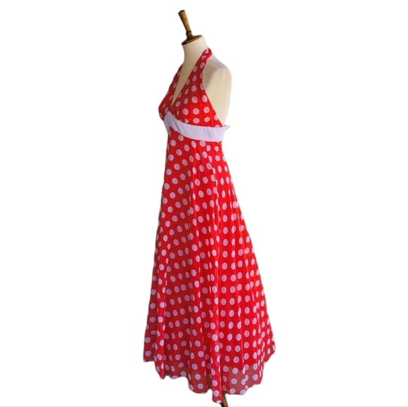 Vintage 1950's Handmade Red & White Polka Dot Halter Ankle Length Dress - Picture 4 of 6